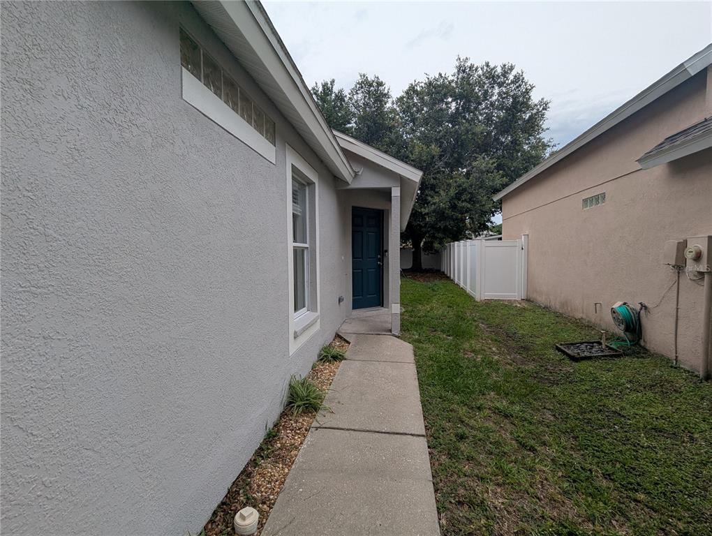 A concrete walkway leads to a dark blue side door between two residential houses — 5000 ANCLOTE RIVER STREET, WESLEY CHAPEL, FL
