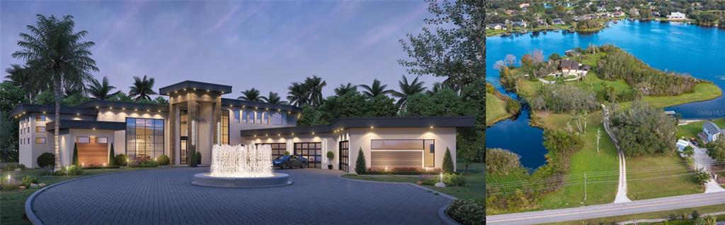 A split-screen image showing a rendering of a modern house and an aerial site view — 13377 LAKE BUTLER BOULEVARD, WINTER GARDEN, FL