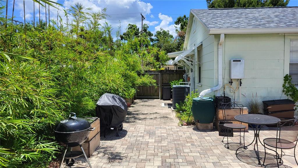 A paved patio area features a grill, outdoor furniture, and bamboo plants beside a house — 919 W WOODLAWN AVENUE, TAMPA, FL
