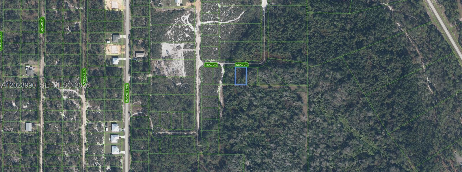 This is an aerial map showing a highlighted rectangular plot of land on Neal Drive — 817 Neal, Sebring FL 33875, SEBRING, FL