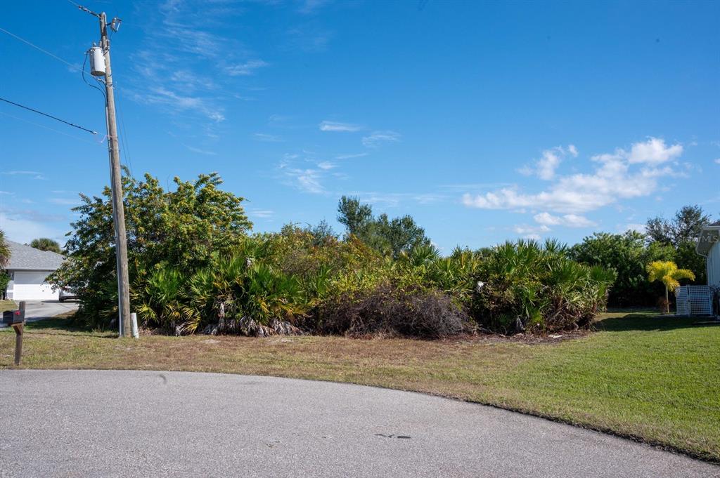 A vacant, overgrown residential lot sits between two houses along a paved street — 330 BAYTREE DRIVE, ROTONDA WEST, FL