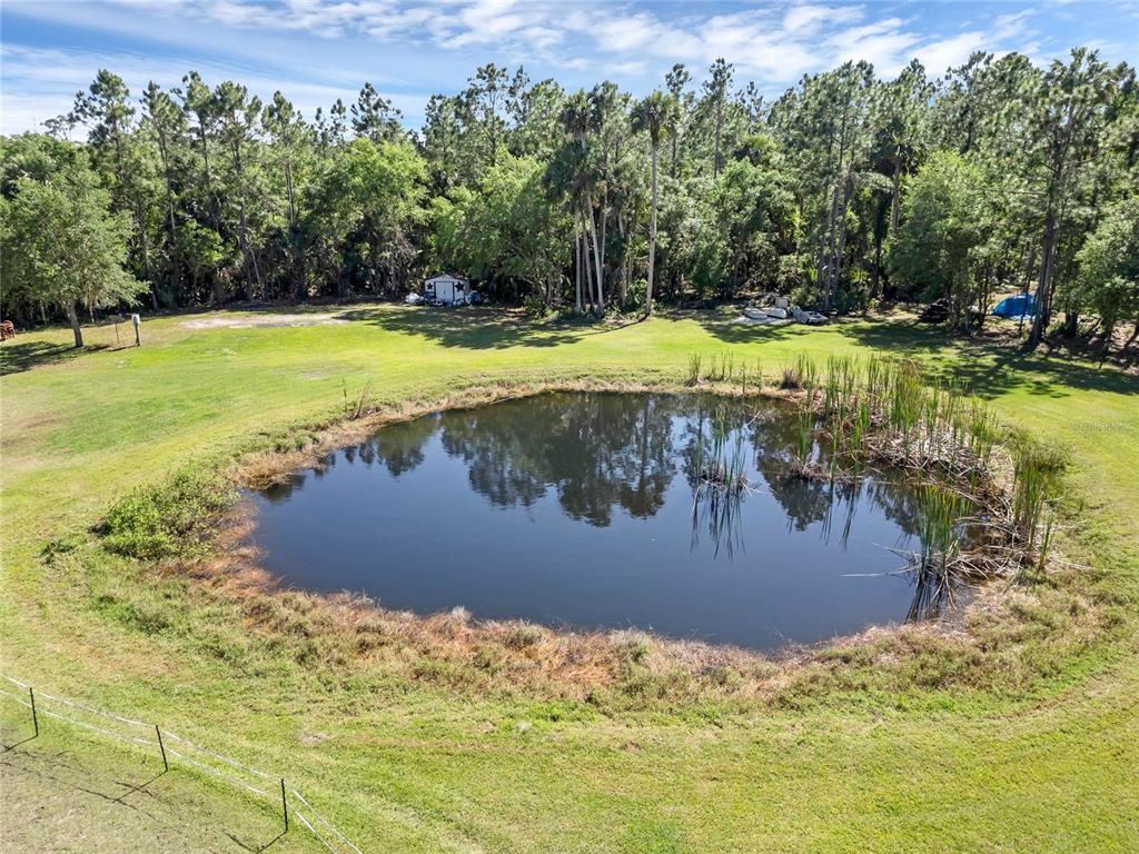 An aerial view shows a pond surrounded by a grassy lawn and a wooded area — 2321 WACCASSA STREET, GENEVA, FL