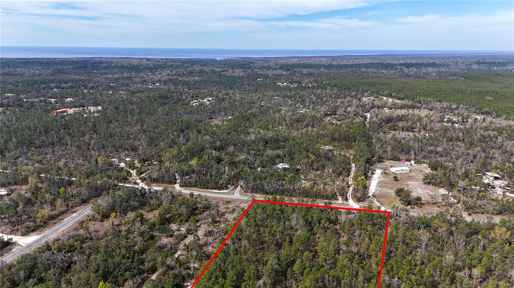 An aerial view shows a rectangular wooded lot outlined in red next to a road — STRICKLAND LAND DRIVE, PERRY, FL