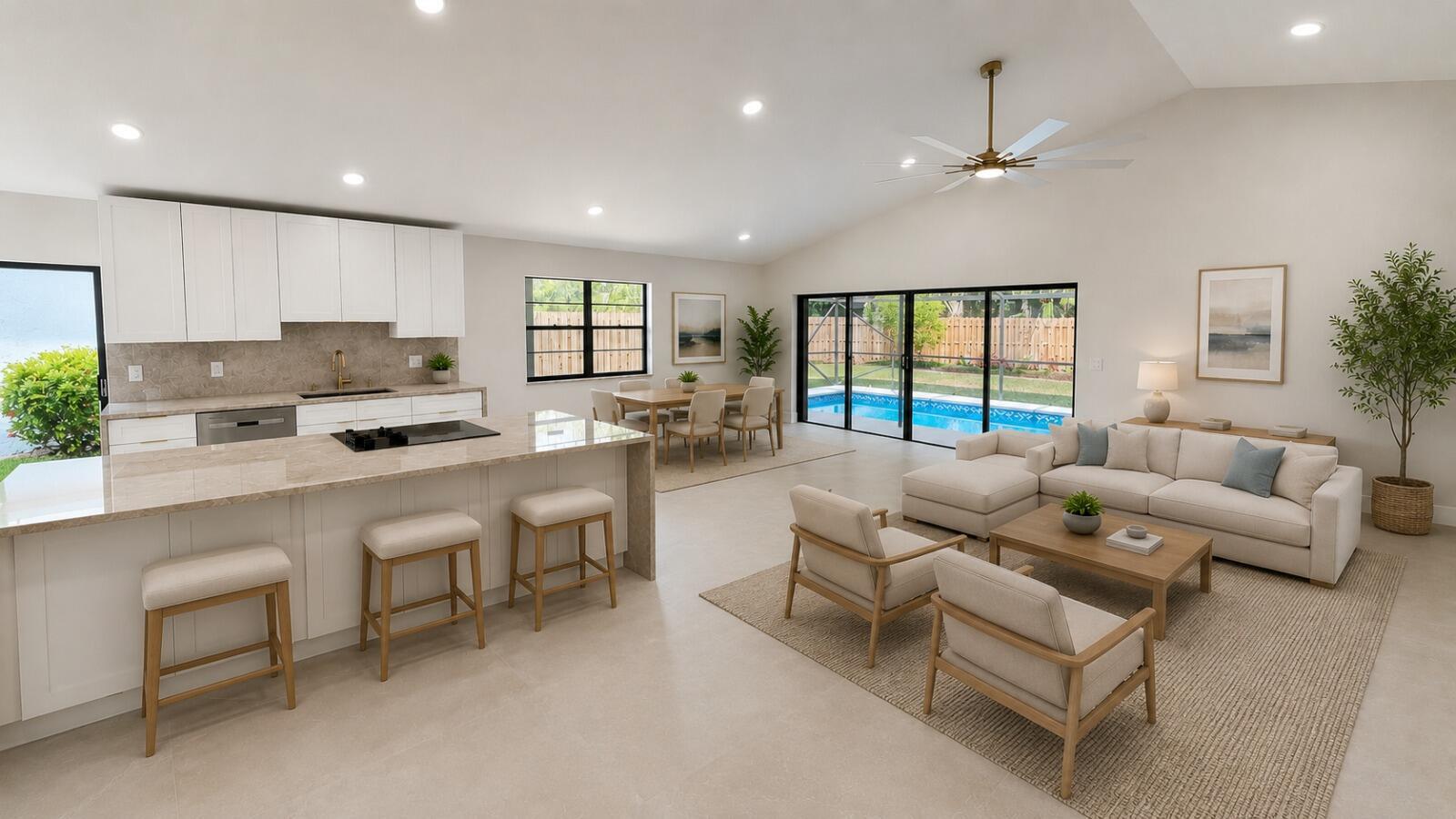 This rendering shows an open-concept kitchen, dining area, and living room with a backyard pool — 13151 Crisa Drive, Palm Beach Gardens FL 33410, PALM BEACH GARDENS, FL