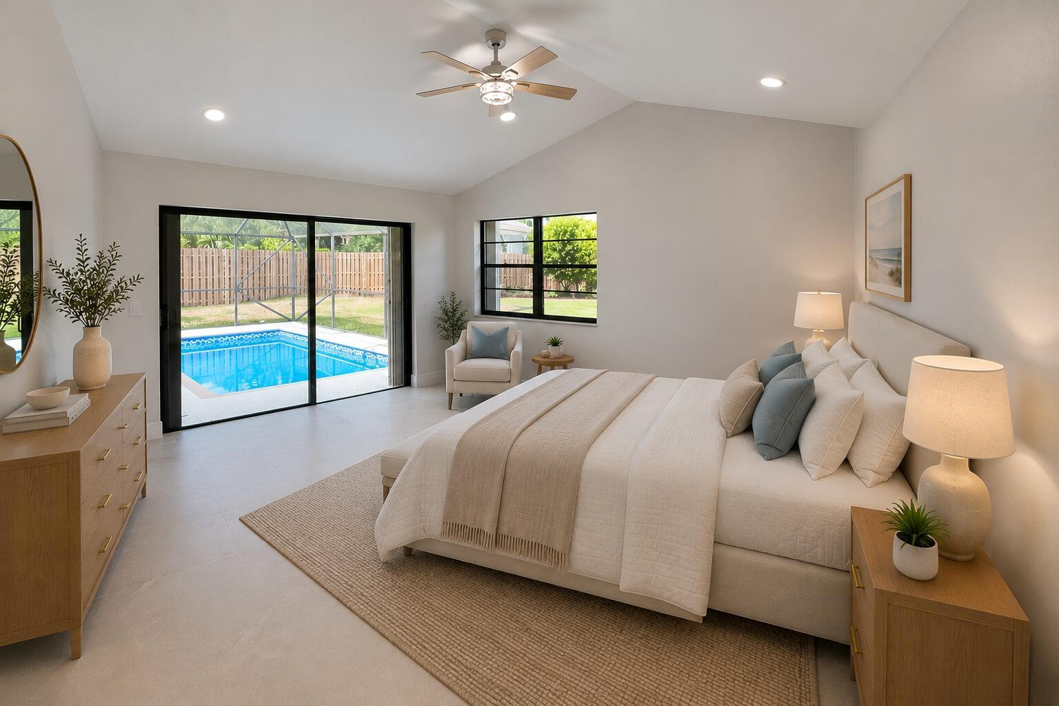 A bright bedroom features a king bed, neutral decor, and sliding doors opening to a pool — 13151 Crisa Drive, Palm Beach Gardens FL 33410, PALM BEACH GARDENS, FL