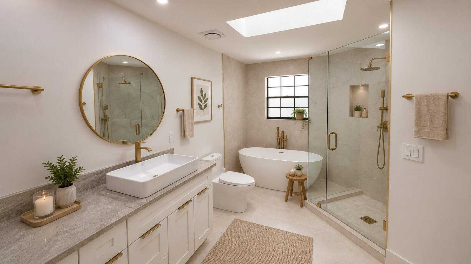 A modern bathroom features a white vanity, a freestanding tub, and a glass-enclosed shower — 13151 Crisa Drive, Palm Beach Gardens FL 33410, PALM BEACH GARDENS, FL