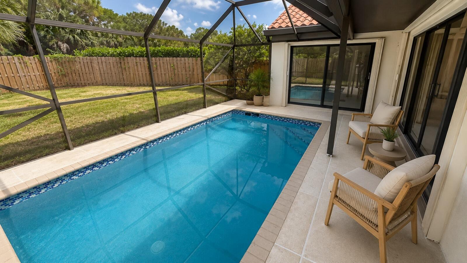 A screened-in patio features a rectangular swimming pool, light tile flooring, and two lounge chairs — 13151 Crisa Drive, Palm Beach Gardens FL 33410, PALM BEACH GARDENS, FL