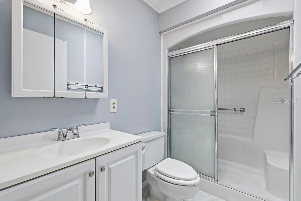 A bathroom features a white vanity, a toilet, and a walk-in shower with sliding doors — 33 SANDRA CIRCLE, NEW SMYRNA BEACH, FL