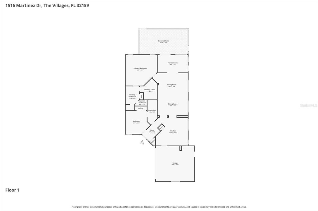 This is a floor plan for a single-story residential home with a garage and patio — 1516 MARTINEZ DRIVE, LADY LAKE, FL