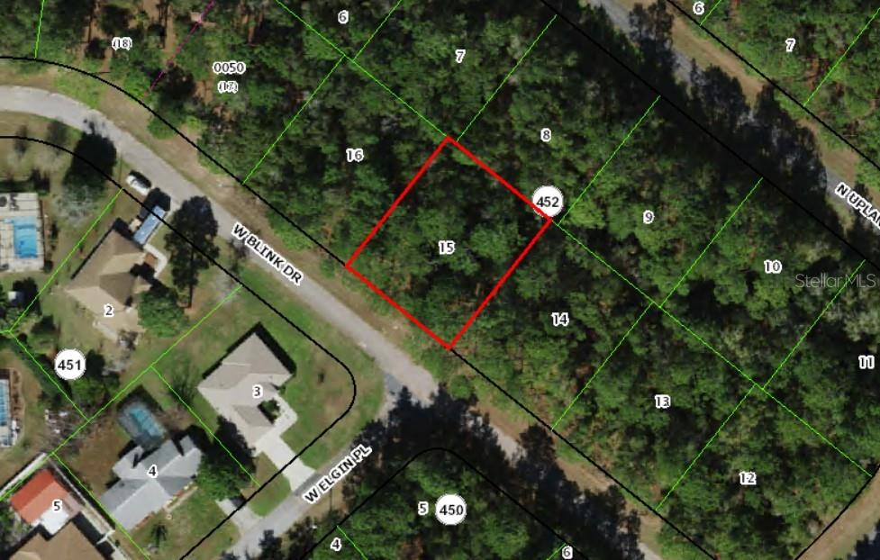 This is an aerial map showing a vacant, wooded residential lot outlined in red — 2737 W BLINK DRIVE, CITRUS SPRINGS, FL