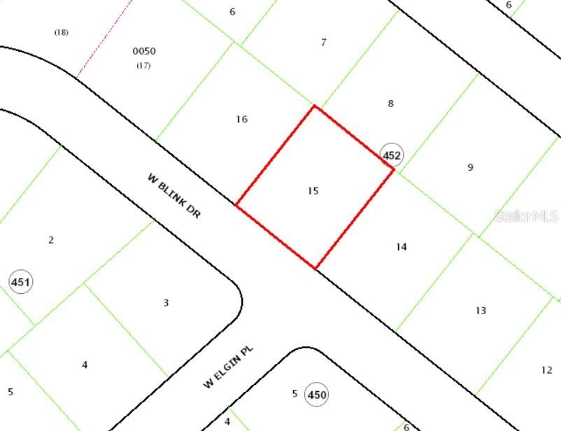 This is a plat map showing lot 15 highlighted in red on W Blink Drive — 2737 W BLINK DRIVE, CITRUS SPRINGS, FL