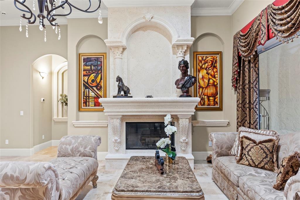 A living room features a stone fireplace, ornate furniture, and two framed paintings in niches — 7906 FOXCATCHER COURT, ODESSA, FL