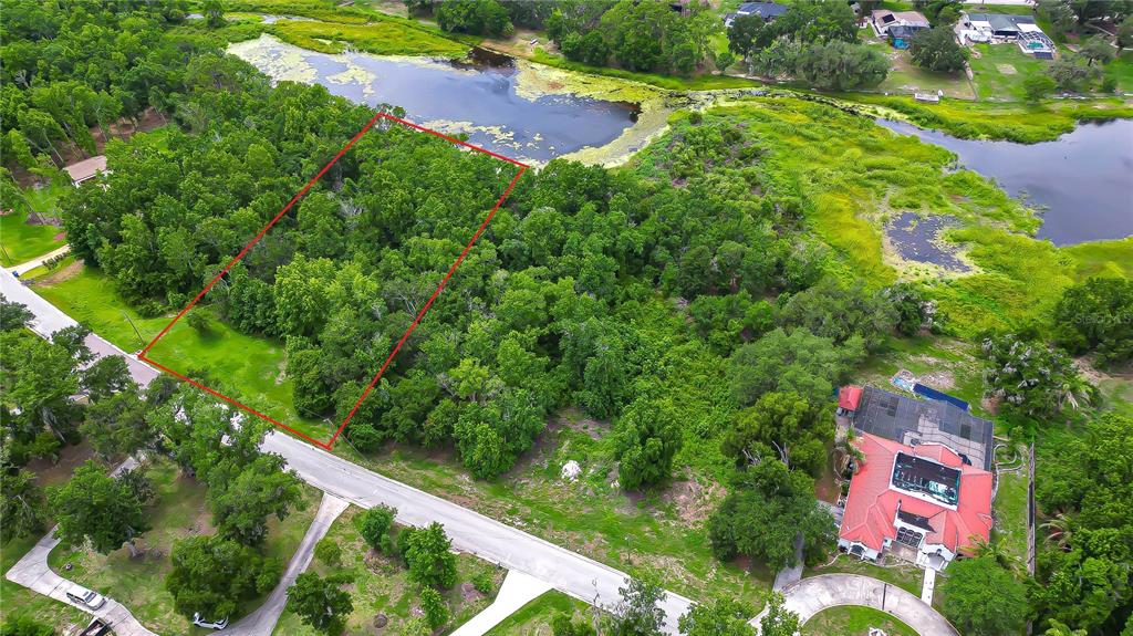 An aerial view shows a wooded, rectangular lot outlined in red next to a lake — LAKE HILLS DRIVE, RIVERVIEW, FL