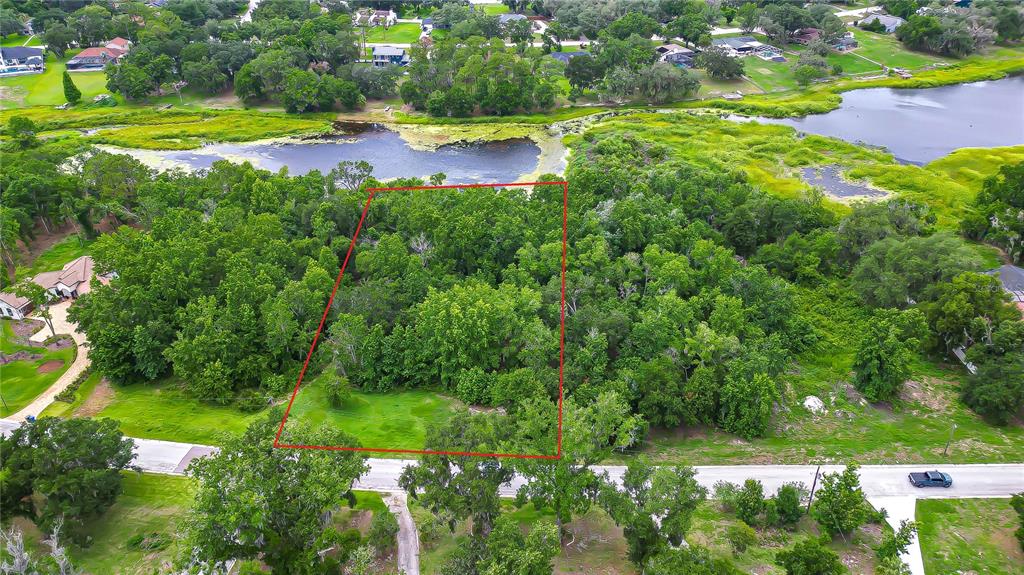 An aerial view shows a rectangular plot of land outlined in red amidst dense trees — LAKE HILLS DRIVE, RIVERVIEW, FL