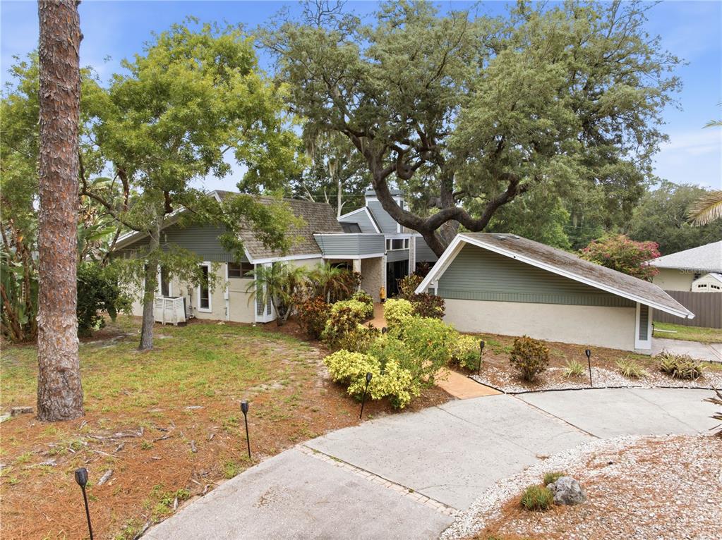 A multi-level house with gray siding and a concrete driveway surrounded by large trees — 2860 BRIARWOOD LANE, PALM HARBOR, FL