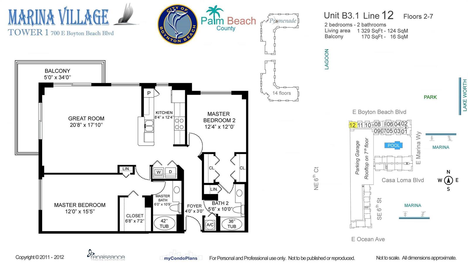This floor plan shows a two-bedroom, two-bathroom condo unit with a balcony and kitchen — 700 E Boynton Beach Boulevard # 312, Boynton Beach FL 33435, BOYNTON BEACH, FL