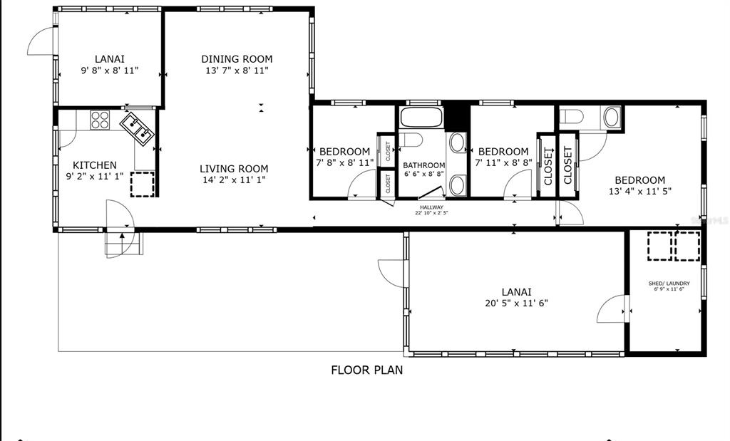 This is a floor plan for a house with three bedrooms, a kitchen, and two lanais — 420 49TH STREET E UNIT 114, PALMETTO, FL