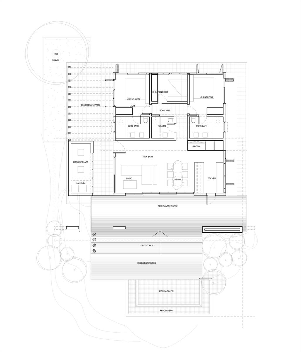 This architectural floor plan shows a modern house layout with a pool and outdoor deck — 300 Burn Brae Way, Bocas Del Toro,, FL
