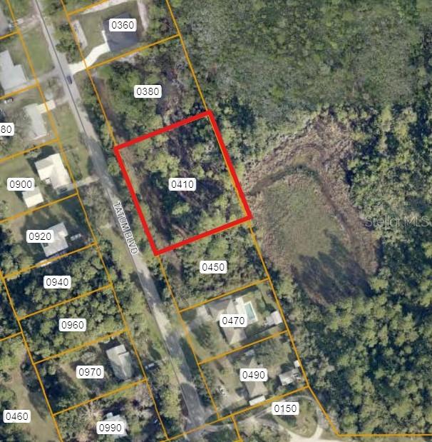 This is an aerial map showing a vacant lot outlined in red along a road — 1715 TATUM BOULEVARD, NEW SMYRNA BEACH, FL