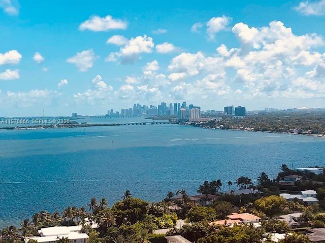 An elevated view of a bay with a distant city skyline and lush foreground vegetation — 2000 Towerside Ter # 1408, Miami FL 33138, MIAMI, FL