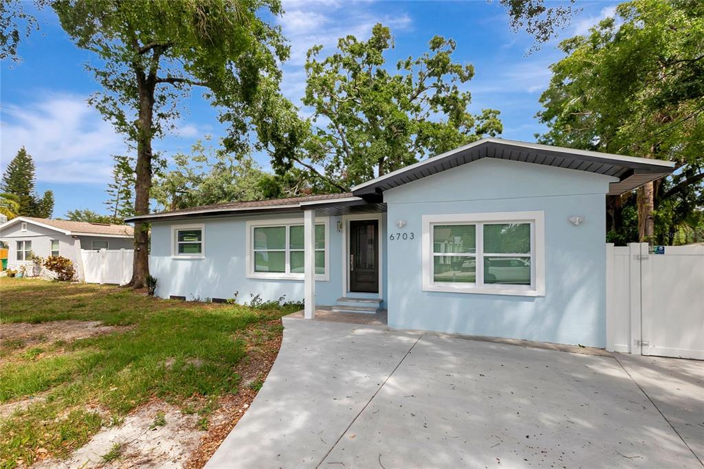 A light blue single-story house features a concrete driveway, white trim, and mature trees — 6703 N BOULEVARD, TAMPA, FL