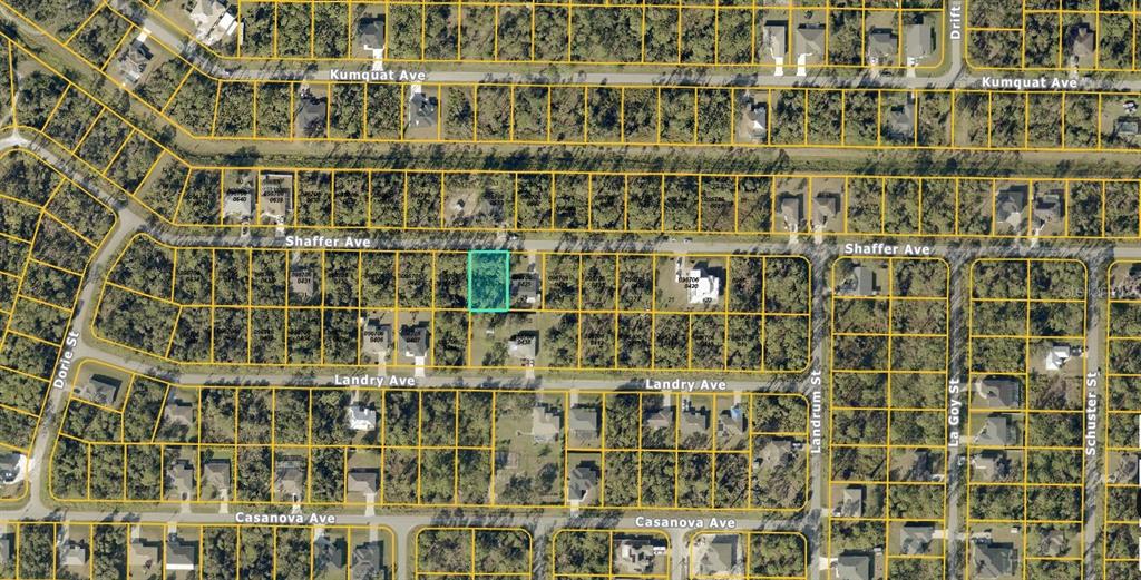 This is an aerial map showing a residential neighborhood with highlighted property lots — 0967060426 SHAFFER AVENUE, NORTH PORT, FL