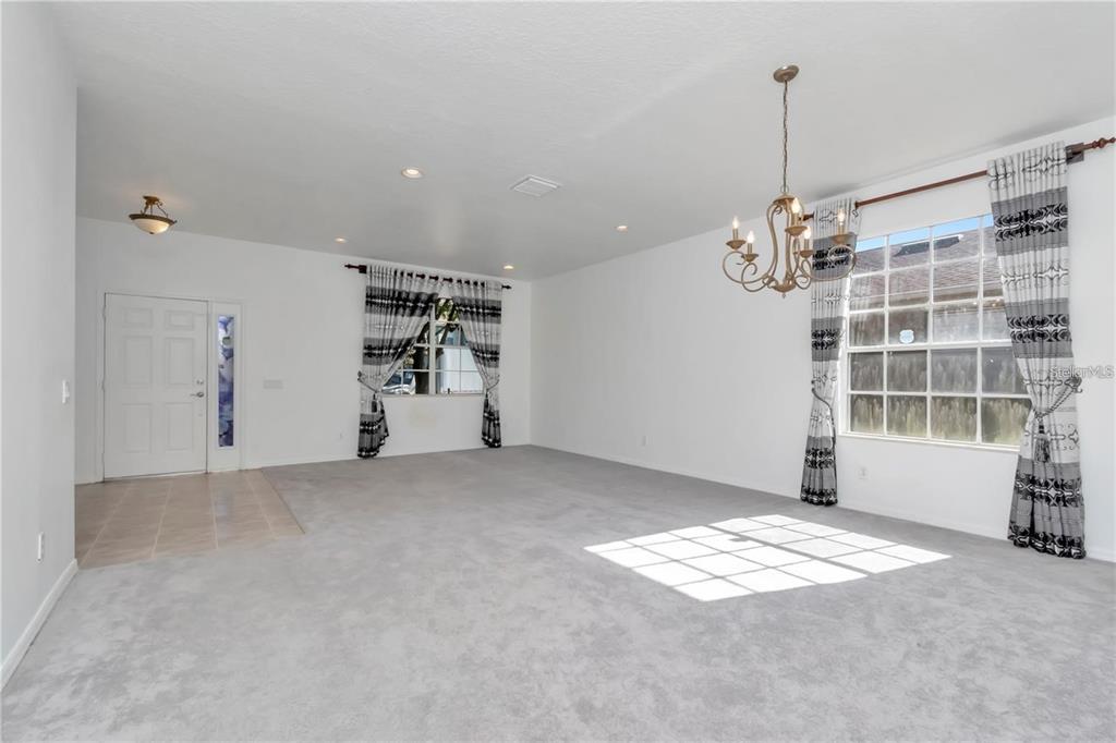 A living room with gray carpeting, white walls, a chandelier, and two windows with curtains — 29822 BOYETTE OAKS PLACE, WESLEY CHAPEL, FL