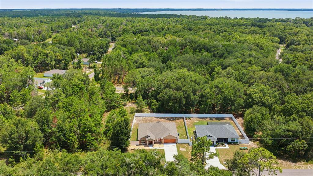 An aerial view shows two adjacent suburban houses surrounded by dense trees near a lake — 162 GUAVA TERRACE, OCKLAWAHA, FL