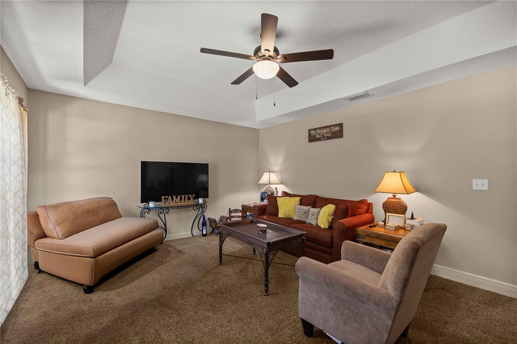 A living room features a ceiling fan, brown carpet, a sofa, and a television — 162 GUAVA TERRACE, OCKLAWAHA, FL