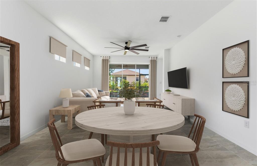 This digital rendering shows a dining area and living room with neutral furniture and tile flooring — 5958 SW 86TH AVENUE ROAD, OCALA, FL