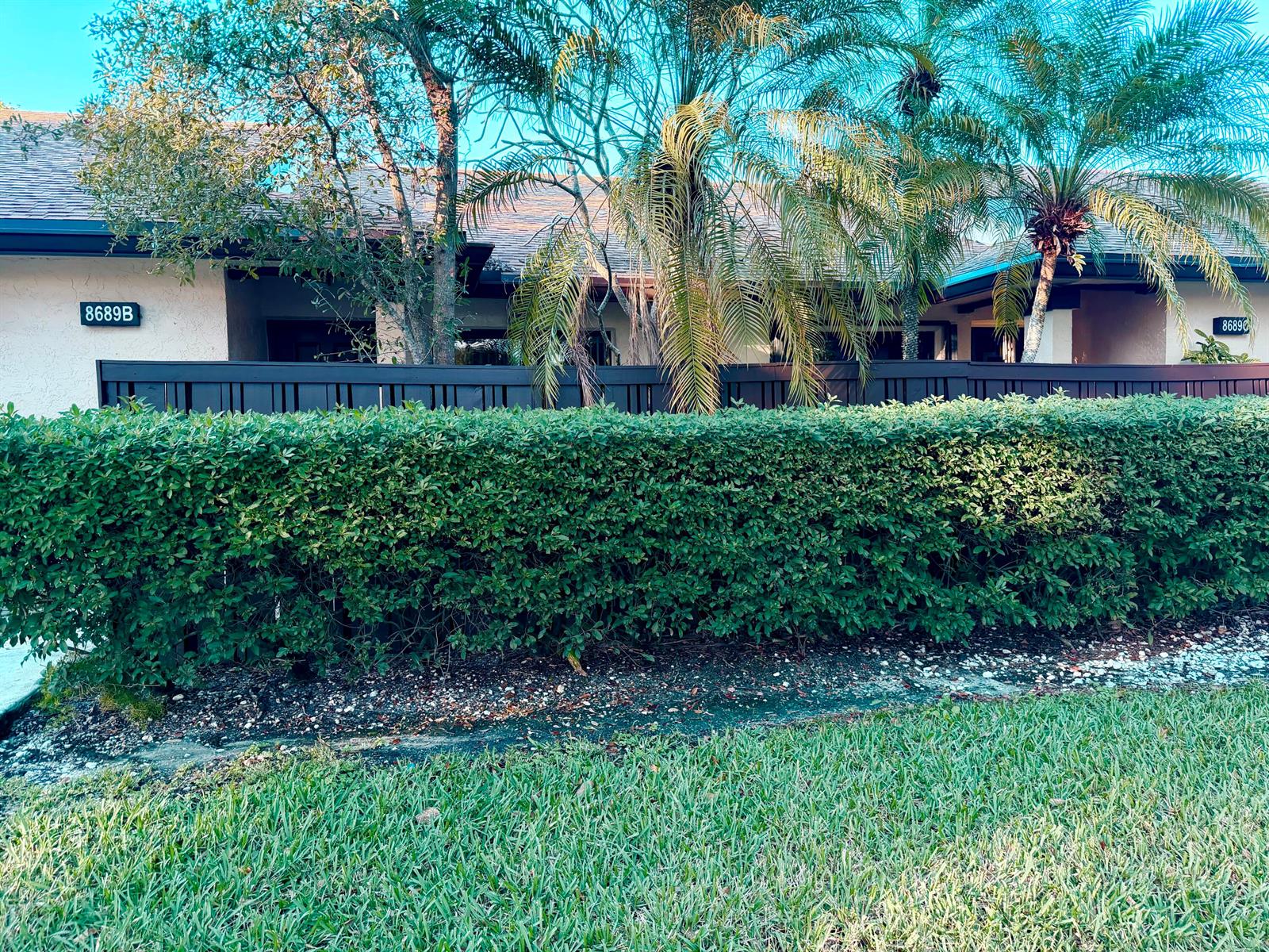 A hedge sits in front of a residential building with palm trees and address numbers — 8689 W Boca Glades Boulevard W # B, Boca Raton FL 33434, BOCA RATON, FL