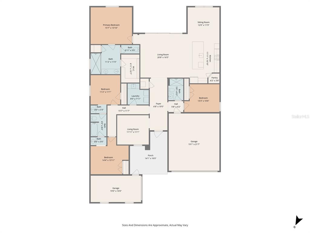 This is a floor plan of a house featuring multiple bedrooms, bathrooms, and two garages — 1652 LUGANO CIRCLE, NOKOMIS, FL