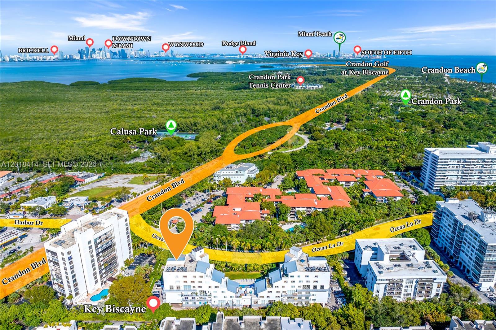 This is an aerial map showing a residential complex on Key Biscayne with highlighted roads — 50 Ocean Lane Dr, Key Biscayne FL 33149, KEY BISCAYNE, FL