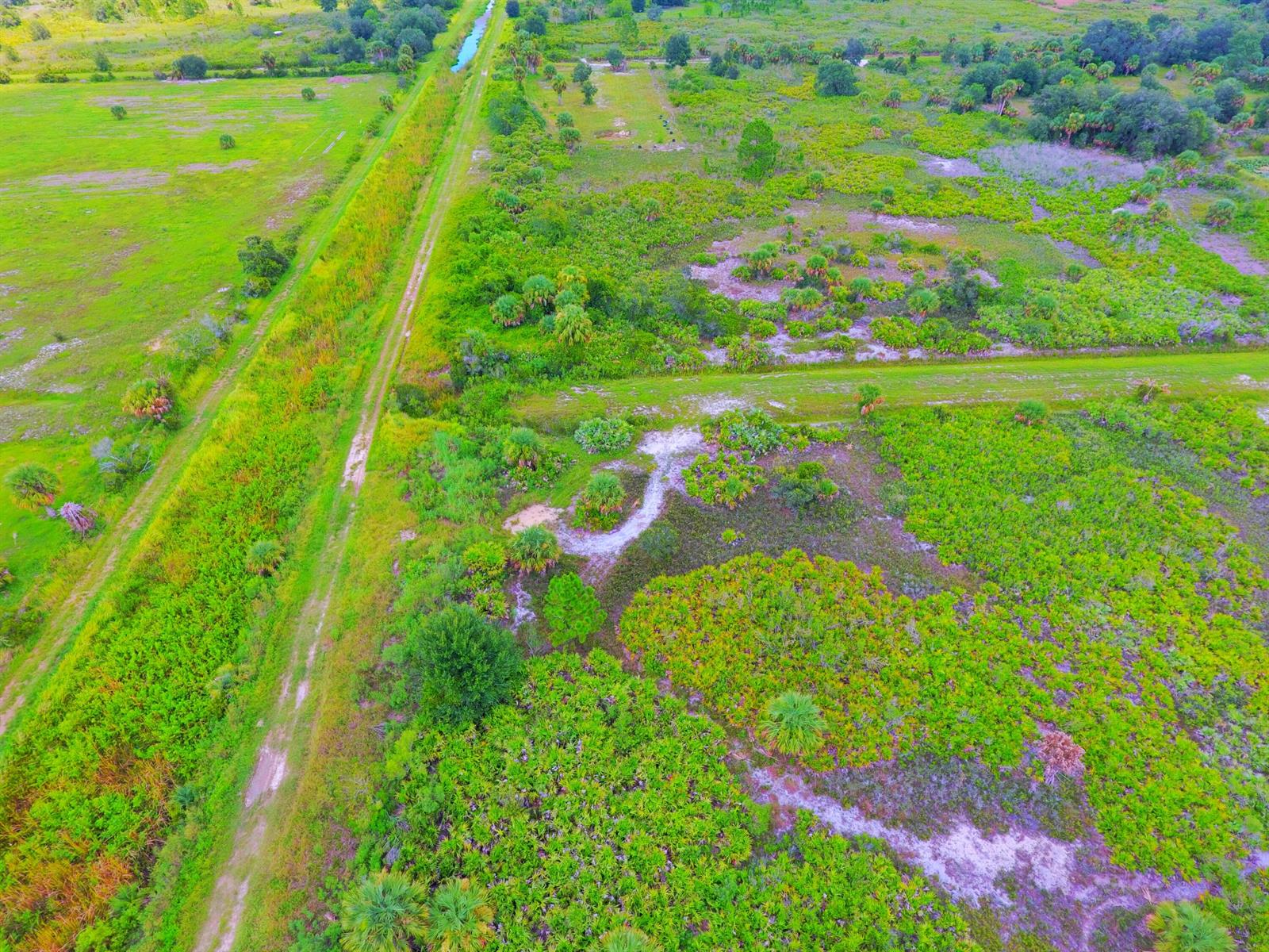 An aerial view shows a dirt path running alongside a canal through grassy, wooded land — 21594 NW 282nd Street, Okeechobee FL 34972, OKEECHOBEE, FL