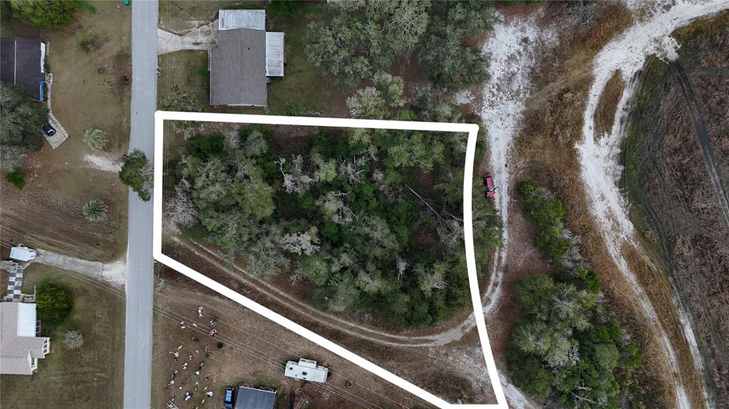 This aerial view shows a wooded, irregularly shaped vacant lot outlined in white — 7800 E SAVANNAH DRIVE, FLORAL CITY, FL