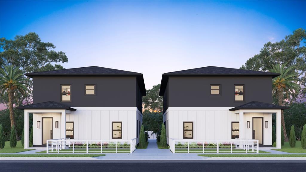 This is a rendering of two identical modern two-story homes with white and dark gray exteriors — 3540 1ST AVENUE S, ST PETERSBURG, FL