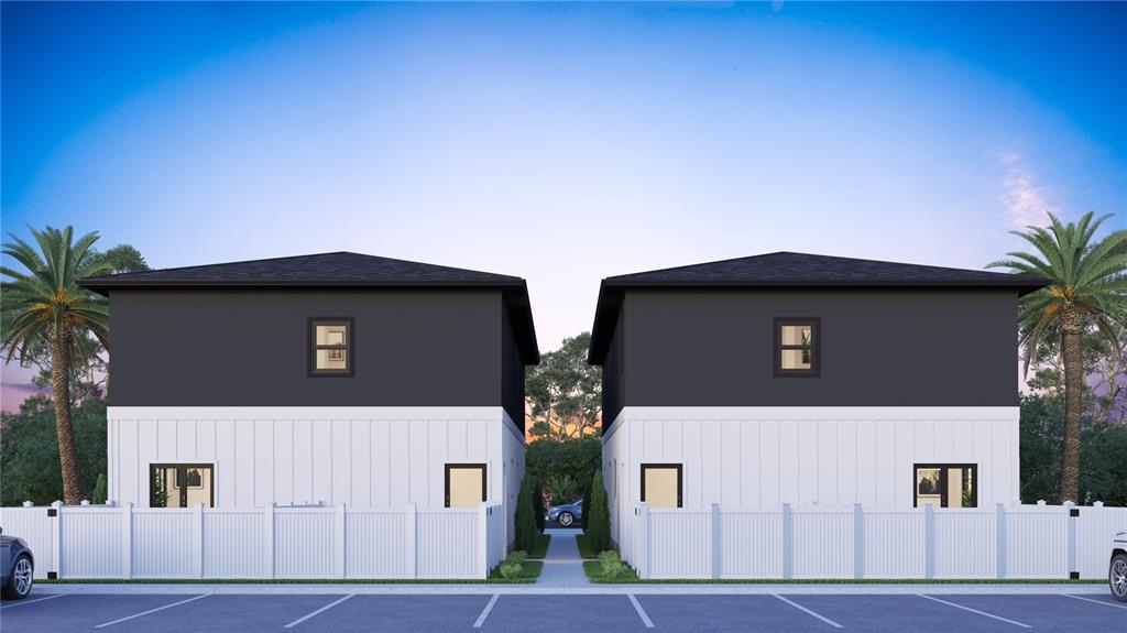 This rendering shows two modern, two-story houses with white vertical siding and dark upper levels — 3540 1ST AVENUE S, ST PETERSBURG, FL