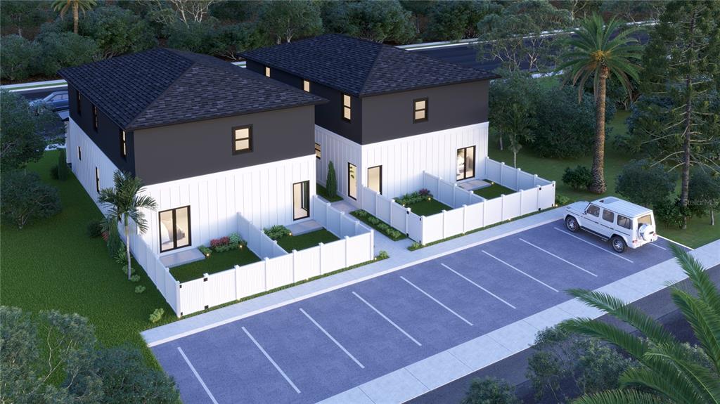 A digital rendering shows two modern two-story townhomes with white vertical siding and dark roofs — 3540 1ST AVENUE S, ST PETERSBURG, FL
