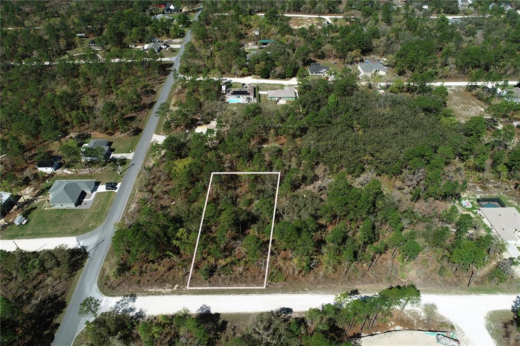 An aerial view shows a rectangular vacant lot outlined in white amidst a wooded area — 17419 MALIBAR ROAD, WEEKI WACHEE, FL