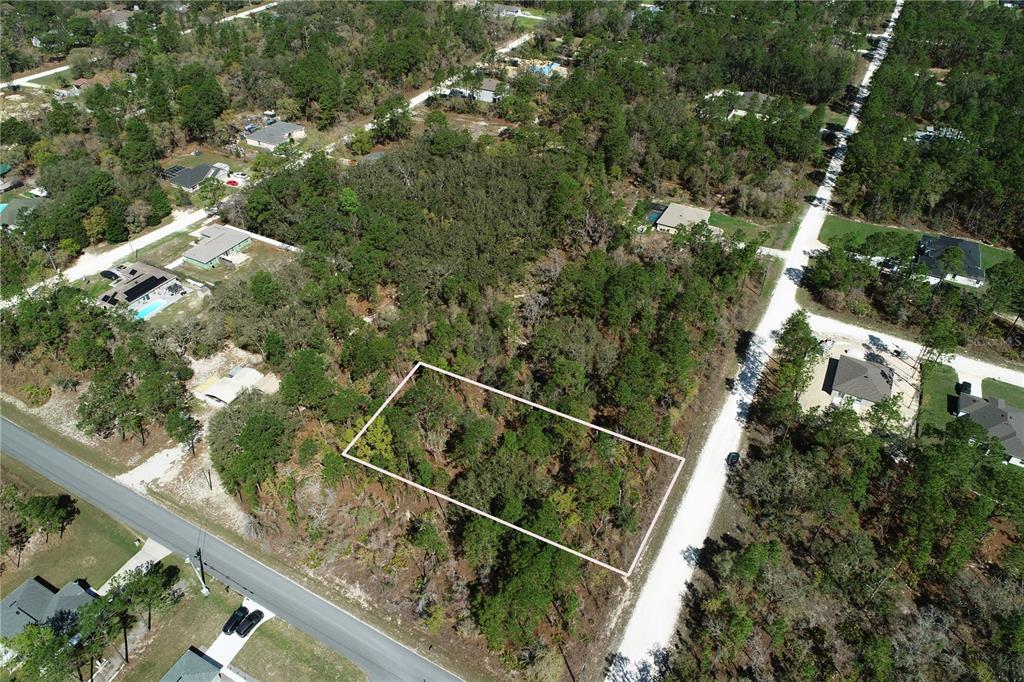 An aerial view shows a rectangular, wooded vacant lot outlined in white near a road — 17419 MALIBAR ROAD, WEEKI WACHEE, FL