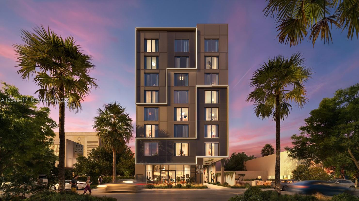 A digital rendering shows the exterior of a modern, multi-story apartment building at dusk — 335 NW 28th St # 801, Miami FL 33127, MIAMI, FL