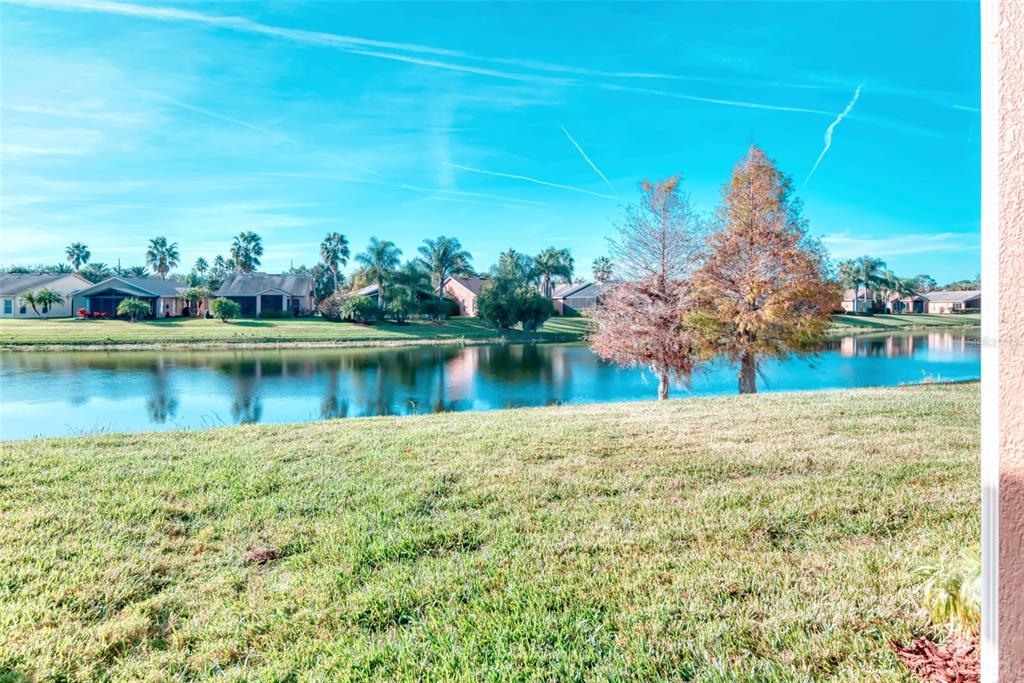 A view of a grassy backyard overlooking a pond with houses and trees beyond — 601 GRAND CANAL DRIVE, KISSIMMEE, FL