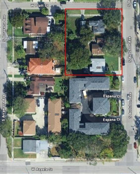 This is an aerial map view of a residential city block with a highlighted property — 301 S AUDUBON. AVENUE, TAMPA, FL
