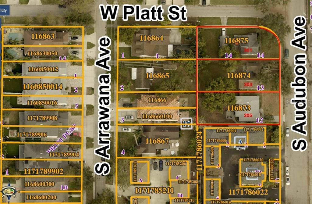 This image is a map showing property parcel boundaries and street layouts — 301 S AUDUBON. AVENUE, TAMPA, FL