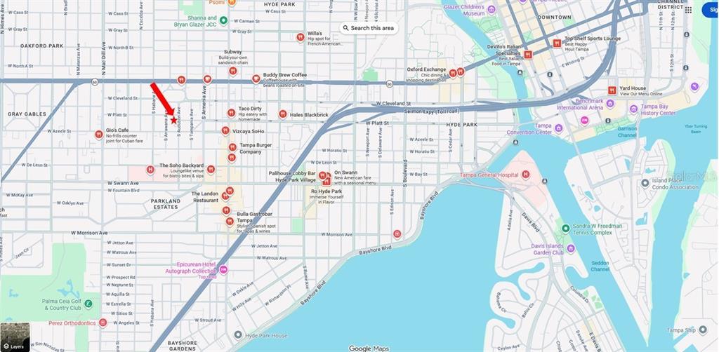 This is a map showing the Hyde Park area of Tampa, Florida, with a red star — 301 S AUDUBON. AVENUE, TAMPA, FL