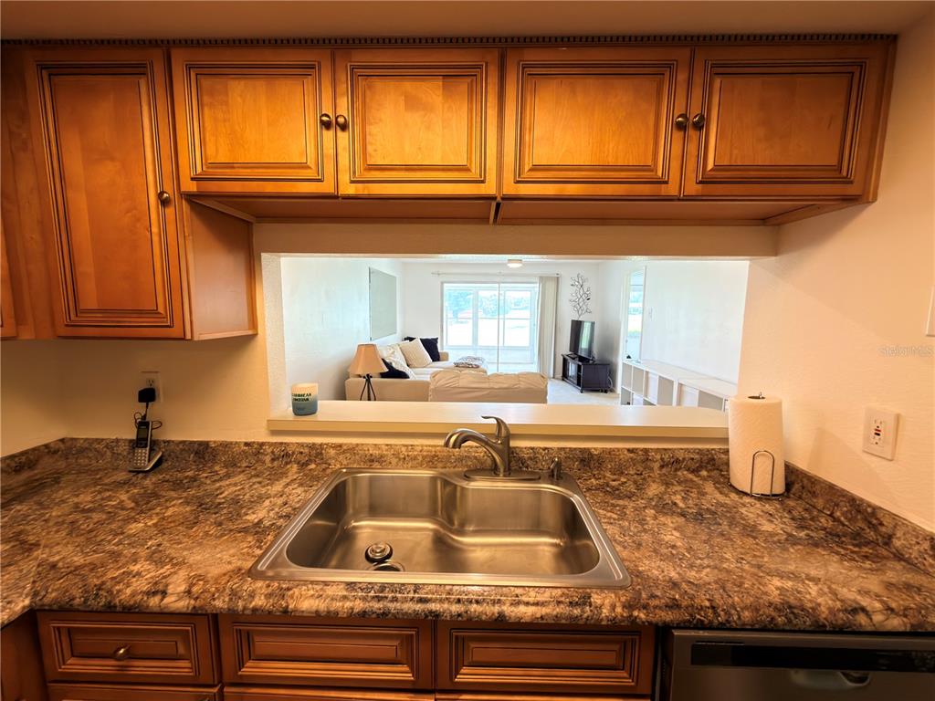 A kitchen sink with a pass-through window looking into a living room area — 9703 GREENSKEEPER DRIVE, NEW PORT RICHEY, FL