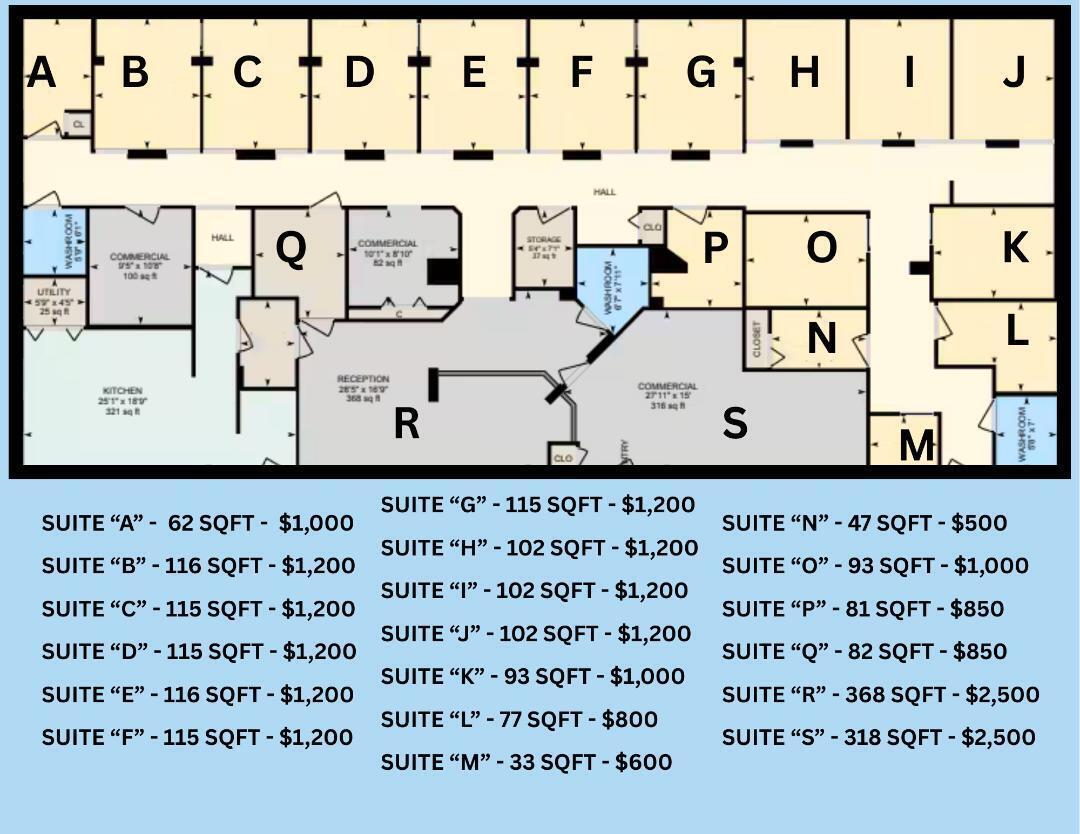 This floor plan shows the layout and rental pricing for various commercial office suites — 3755 7th Terrace, Vero Beach FL 32960, VERO BEACH, FL