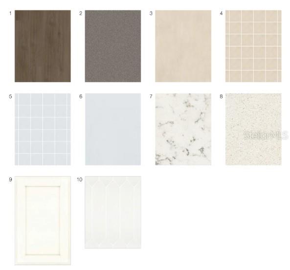 This image displays a grid of ten material and finish samples for interior design — 4463 OCHOS RIOS PLACE, KISSIMMEE, FL