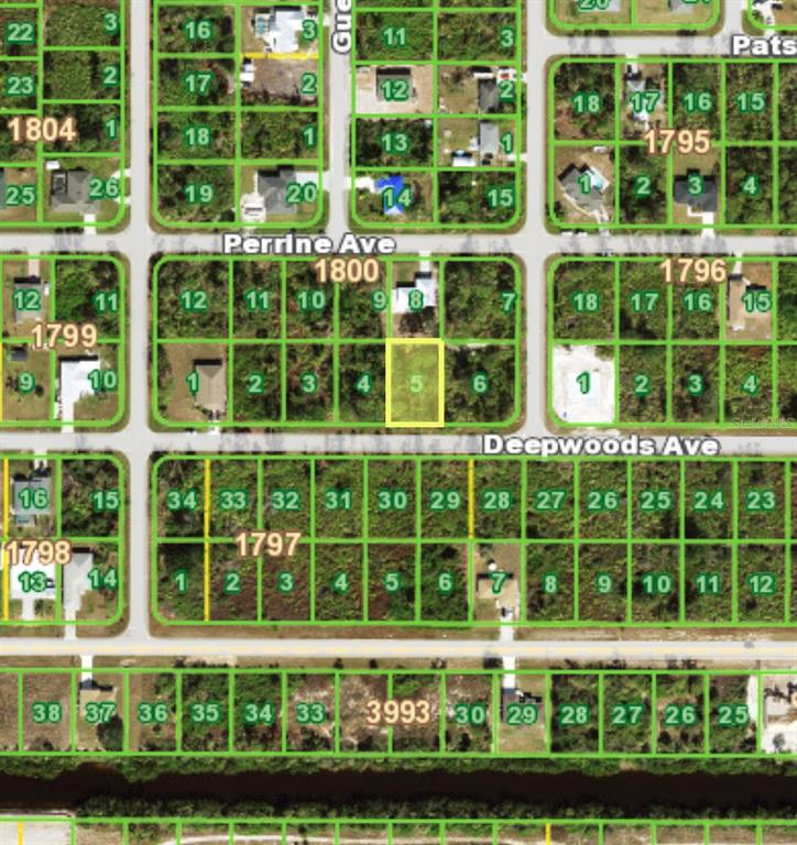 This is a map showing a highlighted vacant lot within a residential subdivision — 12438 DEEPWOODS AVENUE, PORT CHARLOTTE, FL