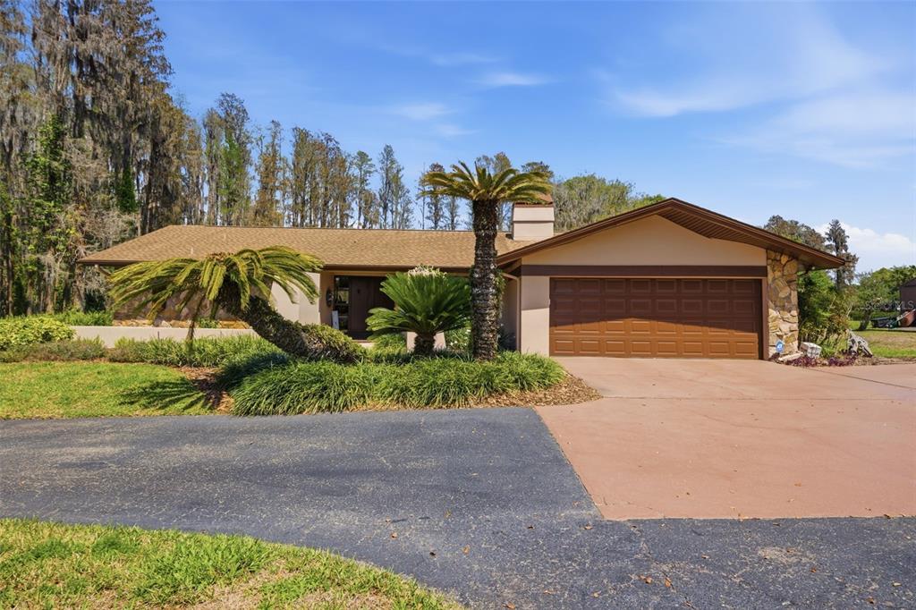 A single-story house with a brown garage door, stone accents, and palm trees in front — 820 NEWBERGER ROAD, LUTZ, FL